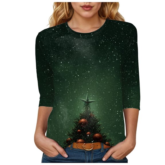 TTUHYWXI Womens Christmas Tree Graphic Shirts 3/4 Sleeve Crewneck Cotton Tunic Blouses Plus Size Casual Cute Xmas Holiday Tops (Dark Green, L)