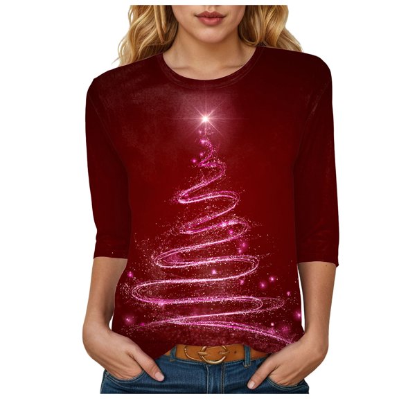 TTUHYWXI Womens Christmas Tree Graphic Shirts 3/4 Sleeve Crewneck Cotton Tunic Blouses Plus Size Casual Cute Xmas Holiday Tops (Wine, 3XL)