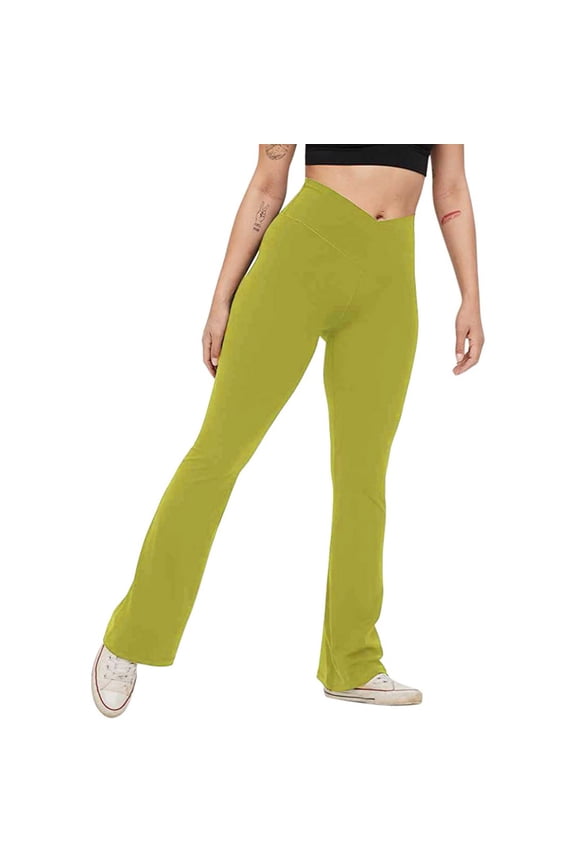 Womens Crossover Flare Leggings High Waisted Casual Cute Stretchy Full Length Workout Elegant Yoga Pants (Green,S)