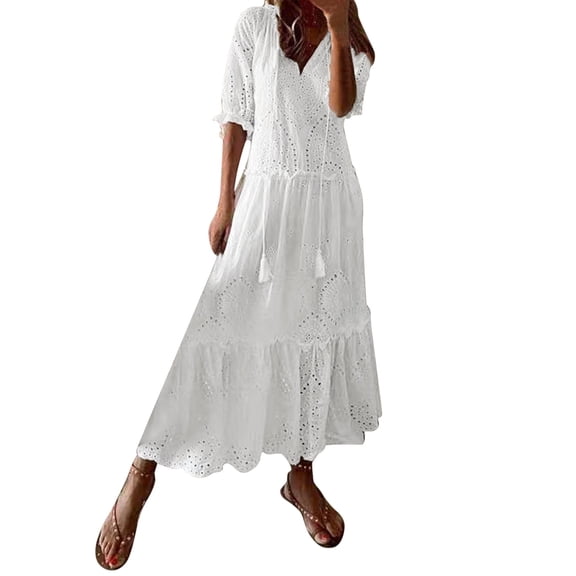 TTUHYWXI Womens Deep V Neck Short Sleeve Floral Lace Dress Long Bridesmaid Maxi Dresses (White, XS)