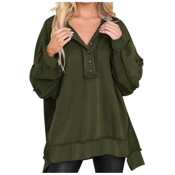 TTUHYWXI Womens Fall 2025 Striped Oversized Sweatshirt Long Sleeve Button Up Henley Neck Waffle Knit Pullover Tunic Tops (Green, XL)