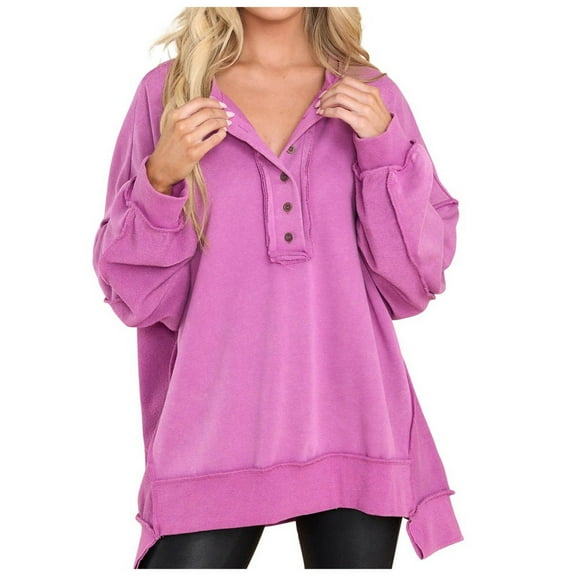 TTUHYWXI Womens Fall 2025 Striped Oversized Sweatshirt Long Sleeve Button Up Henley Neck Waffle Knit Pullover Tunic Tops (Pink, XL)