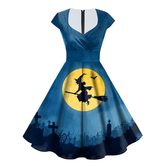 TTUHYWXI Womens Funny Halloween Ghost Pumpkin Graphic Dress Cute Vintage Short Sleeve A Line Swing Cocktail Party Dresses (Blue, L)