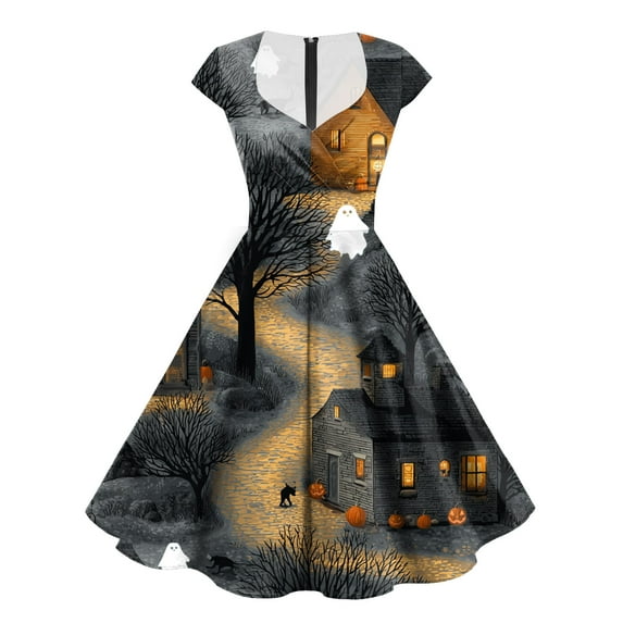 TTUHYWXI Womens Funny Halloween Ghost Pumpkin Graphic Dress Cute Vintage Short Sleeve A Line Swing Cocktail Party Dresses (Khaki, XXL)
