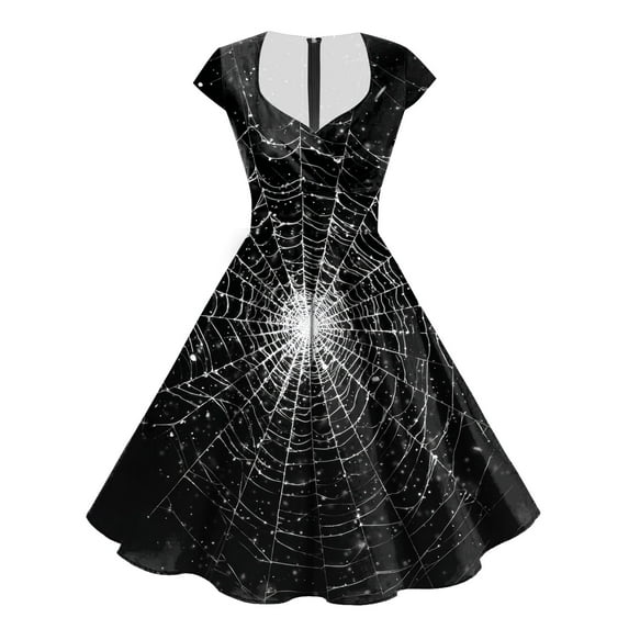 TTUHYWXI Womens Funny Halloween Ghost Pumpkin Graphic Dresses Cute Vintage Short Sleeve A Line Swing Cocktail Party Dress (Black, XL)