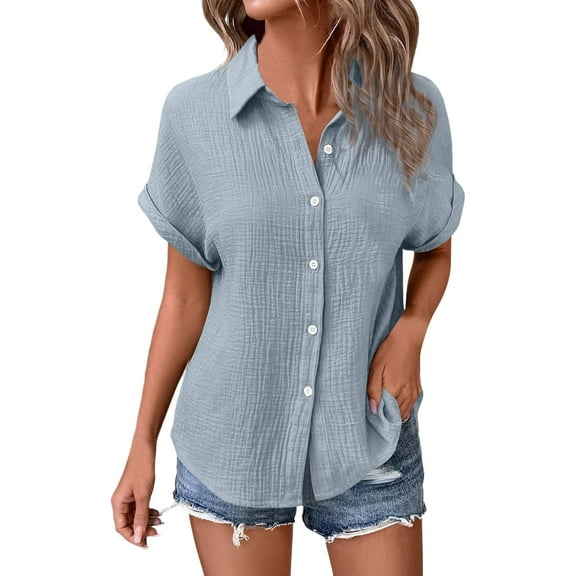 TTUHYWXI Womens Gauze Shirts Button Down Dress Shirts Casual Short Sleeve Textured Collared Summer Work Blouse Camping Clothes (Grey, XL)