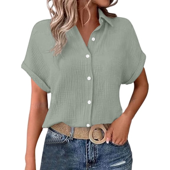 TTUHYWXI Womens Gauze Shirts Button Down Dress Shirts Casual Short Sleeve Textured Collared Summer Work Blouse Camping Clothes (Light Green, M)