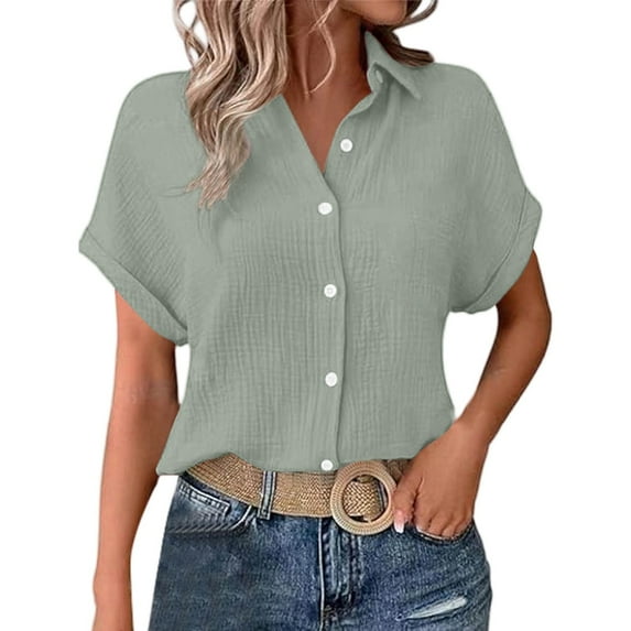 TTUHYWXI Womens Gauze Shirts Button Down Dress Shirts Casual Short Sleeve Textured Collared Summer Work Blouse Camping Clothes (Light Green, XXL)