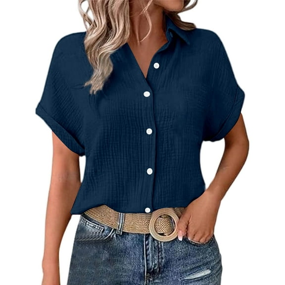 TTUHYWXI Womens Gauze Shirts Button Down Dress Shirts Casual Short Sleeve Textured Collared Summer Work Blouse Camping Clothes (Navy, XL)
