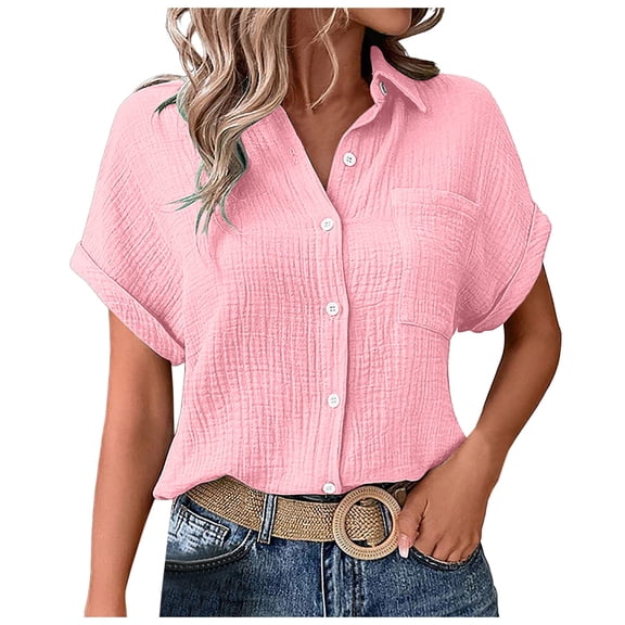 TTUHYWXI Womens Cotton Button Down Shirt Rolled Short Sleeve Blouse Ladies Summer Casual V Neck Beach Cotton Tops (Pink, XXL)