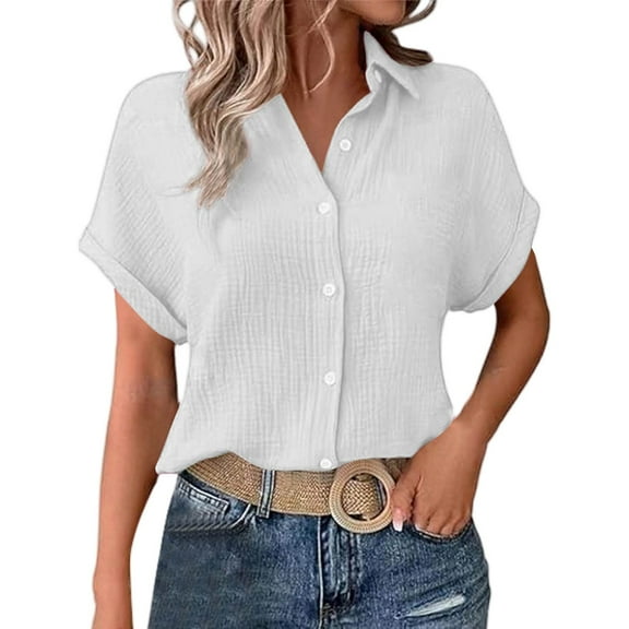 TTUHYWXI Womens Gauze Shirts Button Down Dress Shirts Casual Short Sleeve Textured Collared Summer Work Blouse Camping Clothes (White, XL)