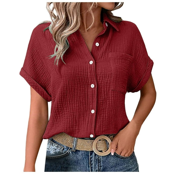 TTUHYWXI Womens Gauze Shirts Button Down Dress Shirts Casual Short Sleeve Textured Collared Summer Work Blouse Camping Clothes (, XXL)