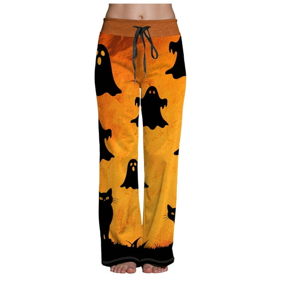 TTUHYWXI Womens Halloween Pajama Pants Cute Halloween Printed Wide Leg Pj Pants Loose Fit Sleepwear Baggy Drawstring Bottoms (Light Yellow, XL)