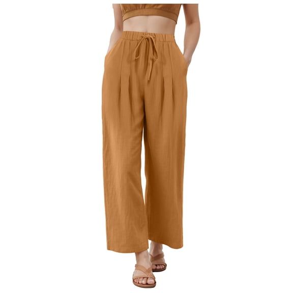 TTUHYWXI Womens High Waisted Casual Elastic Waist Drawstring Twill Pants Wide Leg Lightweight Cotton Trousers with Pockets (Yellow, M)