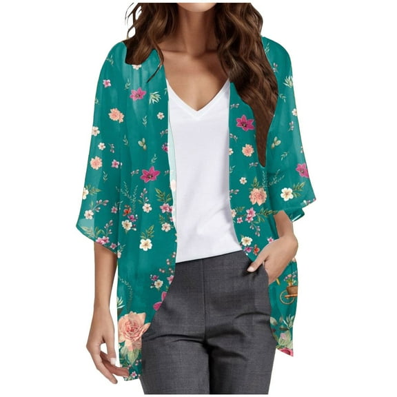 TTUHYWXI Womens Kimonos for Summer Plus Size Lightweight 3/4 Sleeve Cardigan Vacation Cover Ups Open Front Chiffon Beach Cardigan (Green, S)