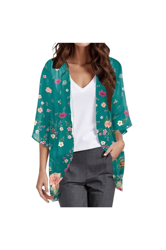 Womens Kimonos for Summer Plus Size Lightweight 3/4 Sleeve Cardigan Vacation Cover Ups Open Front Chiffon Beach Cardigan (Green, S)