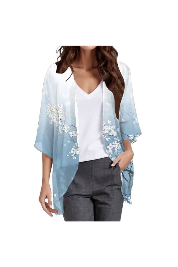 Womens Kimonos for Summer Plus Size Lightweight 3/4 Sleeve Cardigan Vacation Cover Ups Open Front Chiffon Beach Cardigan (Light Blue, XXL)