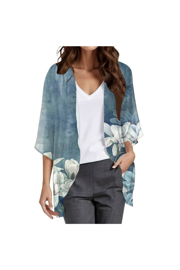 Womens Kimonos for Summer Plus Size Lightweight 3/4 Sleeve Cardigan Vacation Cover Ups Open Front Chiffon Beach Cardigan (Navy, XXL)