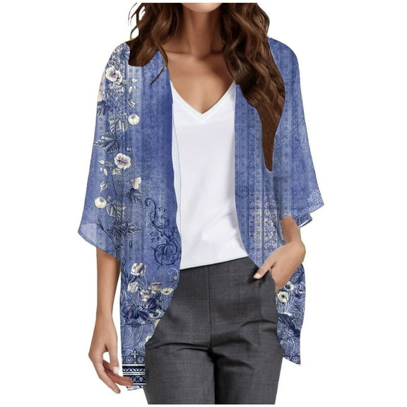 TTUHYWXI Womens Kimonos for Summer Plus Size Lightweight 3/4 Sleeve Cardigan Vacation Cover Ups Open Front Chiffon Beach Cardigan (Purple, M)