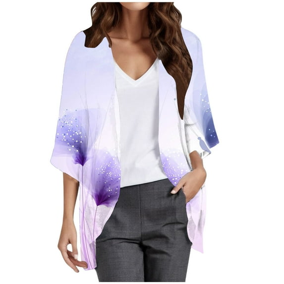 TTUHYWXI Womens Kimonos for Summer Plus Size Lightweight 3/4 Sleeve Cardigan Vacation Cover Ups Open Front Chiffon Beach Cardigan (Purple, S)