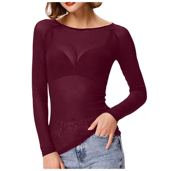 TTUHYWXI Womens Lace Floral Long Sleeve Mesh Tops Round Neck Sheer Blouse Sexy See Through Layering Top Shirts (Red, XXL)