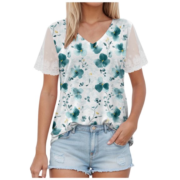 TTUHYWXI Womens Lace Short Sleeve V Neck Dolman Tops with Side Shirring Loose Fit Shirts (Dark Green, M)