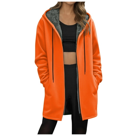 TTUHYWXI Womens Long Hoodies Zip Up Hoodie Fall Winter Fleece Jackets Soft Sherpa Tunic Sweatshirts Warm Long Coats (Orange, XXL)