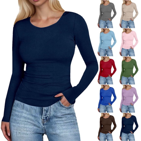 TTUHYWXI Womens Long Sleeve Stretch Crewneck Ribbed T-Shirt Fitted Casual Basic Tops (Beige, L)