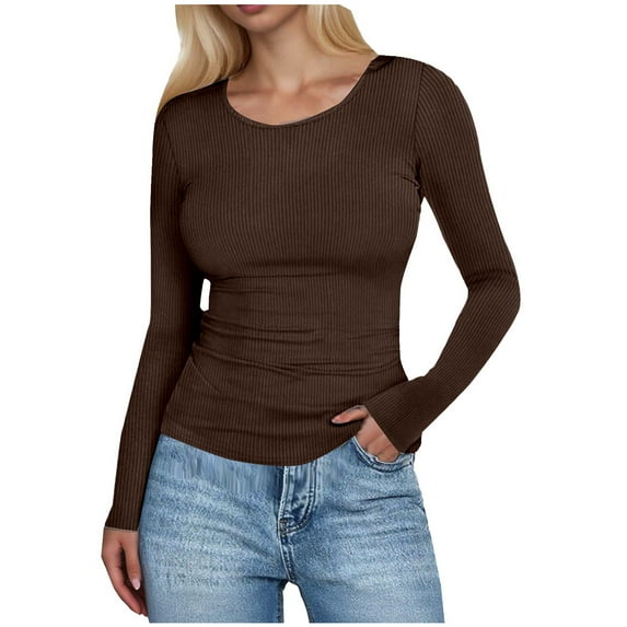 TTUHYWXI Womens Long Sleeve Stretch Crewneck Ribbed T-Shirt Fitted Casual Basic Tops (Brown, L)