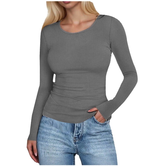 TTUHYWXI Womens Long Sleeve Stretch Crewneck Ribbed T-Shirt Fitted Casual Basic Tops (Grey, L)