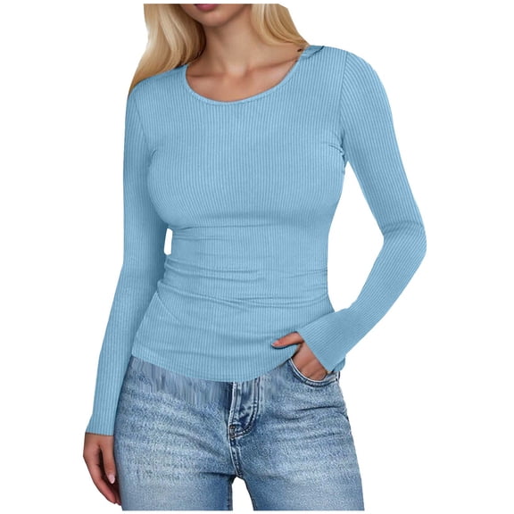TTUHYWXI Womens Long Sleeve Stretch Crewneck Ribbed T-Shirt Fitted Casual Basic Tops (Light Blue, XXL)