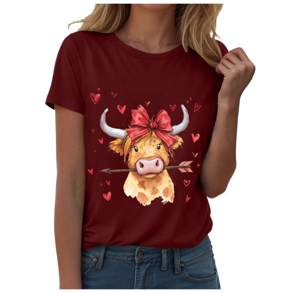 TTUHYWXI Womens Lover Heart Graphic V Neck Shirt Valentines Funny Couple Matching Casual Short Sleeve Tee Tops (Wine, M)