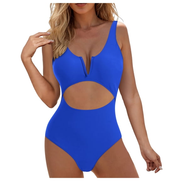 TTUHYWXI Womens One Piece Swimsuits Tummy Control Bathing Suit for Women Push Up Swimwear V Neck High Cut Monokini (Blue, M)