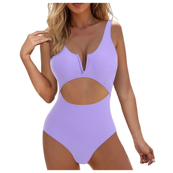 TTUHYWXI Womens One Piece Swimsuits Tummy Control Bathing Suit for Women Push Up Swimwear V Neck High Cut Monokini (Purple, S)