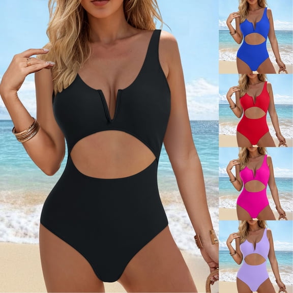 TTUHYWXI Womens One Piece Swimsuits Tummy Control Bathing Suit for Women Push Up Swimwear V Neck High Cut Monokini (Red, M)