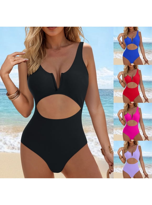 Womens One Piece Swimsuits Tummy Control Bathing Suit for Women Push Up Swimwear V Neck High Cut Monokini (Red, M)