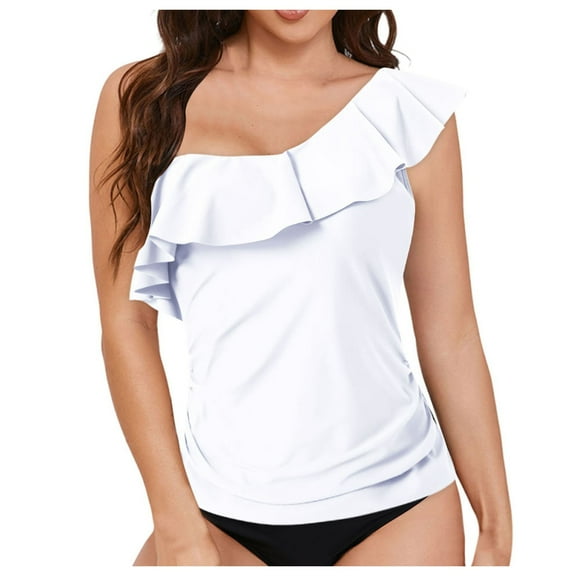 TTUHYWXI Womens One Shoulder Tankini Swim Tops Ruffle Bathing Suit Tops No Bottoms (White1, XXL)