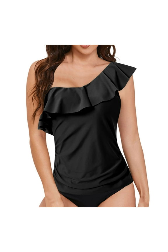 Womens One Shoulder Tankini Swim Tops Ruffle Bathing Suit Tops No Bottoms (Black, M)