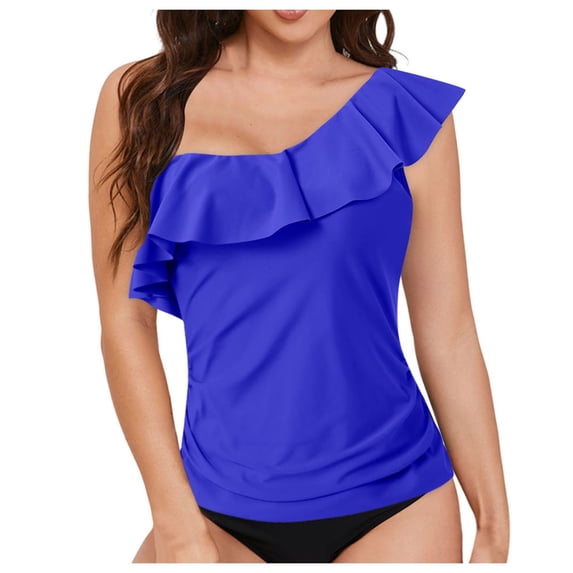 TTUHYWXI Womens One Shoulder Tankini Tops Ruffle Swim Tops Strapless Bathing Suit Tops No Bottoms,Blue L