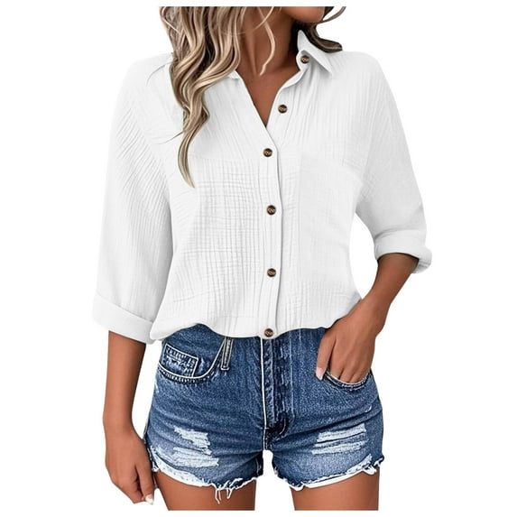 TTUHYWXI Womens Oversized Button Down Blouse Top Collared Long Sleeve Gauze Shirts (White, S)