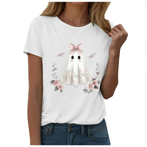 TTUHYWXI Womens Pumpkin Spooky Halloween Shirts Cute Short Sleeve Grapghic Tee Yellow Ghost Orange Tops Costumes Fall 2025 (White, L)