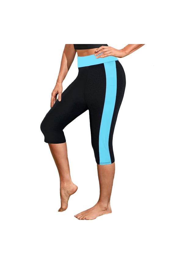 Womens Rash Guard Capris High Waist Swimwear Bottoms Long Swim Shorts Tankini Bottom Swim Lengging (Blue, XXL)