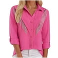 thumbnail image 1 of TTUHYWXI Womens Rhinestone Fringe Button Down Shirt Rolled 3/4 Sleeve Sparkly Top Concert Nashville Western Cowgirl Outfit (Hot Pink, XL), 1 of 9