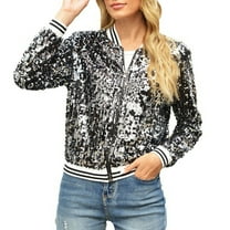 TTUHYWXI Womens Sequin Jacket with Pockets Casual Long Sleeve Front Zip Party Bomber Blazer S-2XL (Black, M)