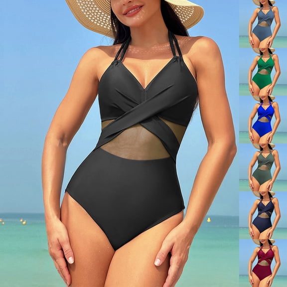 TTUHYWXI Womens Sexy Mesh Swimsuit One Piece Tummy Control Front Cross Halter Bathing Suits Vintage Slimming Push up Swimwear (Navy, L)