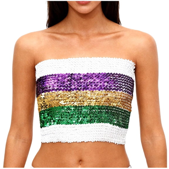 TTUHYWXI Womens Shiny Sequin Party Cropped Strapless Bandeau Stretch Tube Top (White, One Size)