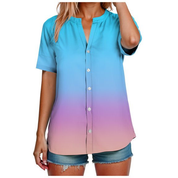 TTUHYWXI Womens Short Sleeve Button Down Shirt Striped V Neck Loose Fit Tops Color Block Dressy Work Blouse (Sky Blue, 3XL)