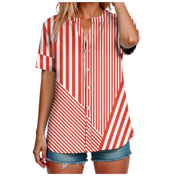TTUHYWXI Womens Short Sleeve Button Down Shirt Striped V Neck Loose Fit Tops Color Block Dressy Work Blouse ( Red, S)