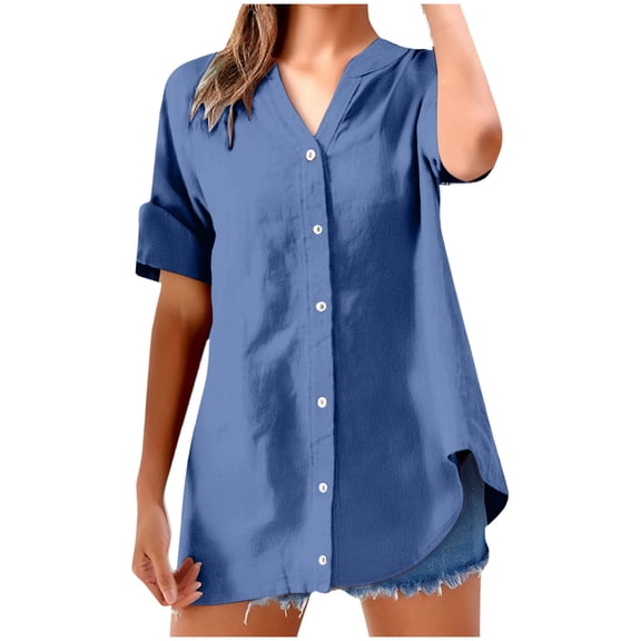 TTUHYWXI Womens Short Sleeve Casual Button Down Shirts Summer Soft Fashion Cotton Blouses Tops with Pocket (Blue, M)