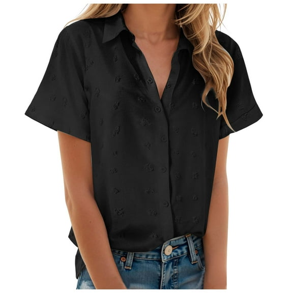 TTUHYWXI Womens Short Sleeve Shirts V Neck Collared Button Down Shirt Tops with Pockets (Black, L)